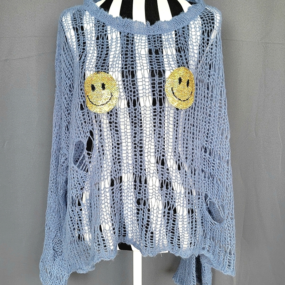 Wildfox White Label Open Knit Blue Ripped Sequin Smiley Face Sweater